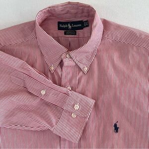 Ralph Lauren Men's Red and White Striped Button Down Shirt